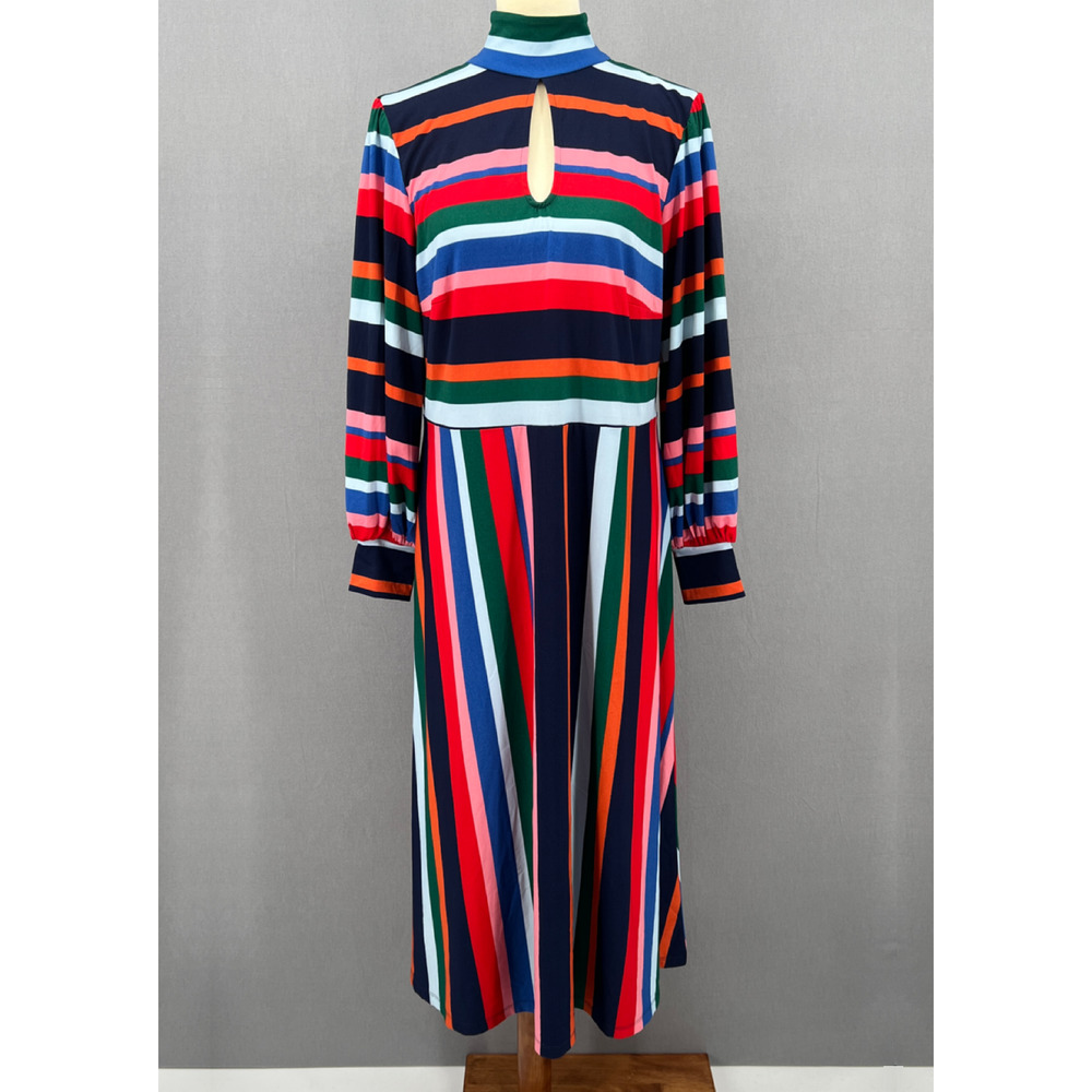 Elouqii Dress Womens 14 Multicolor Striped Keyhole Long Puff Sleeves A Line Midi
